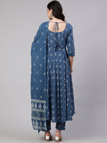 Women Blue Floral Printed Anarkali Kurta With Trouser And Dupatta | LASVINI - Redefining Indian Fashion with Elegance
