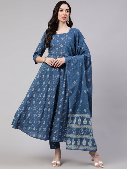 Women Blue Floral Printed Anarkali Kurta With Trouser And Dupatta | LASVINI - Redefining Indian Fashion with Elegance
