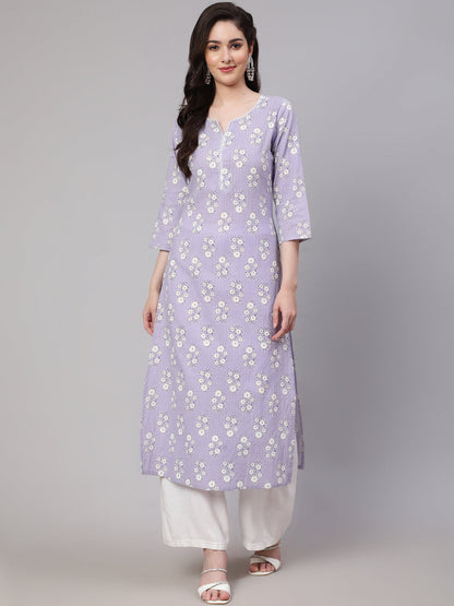 Women Purple Ethnic Printed Straight Kurta With Three Quarter Sleeves | LASVINI - Redefining Indian Fashion with Elegance