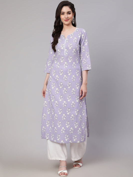 Women Purple Ethnic Printed Straight Kurta With Three Quarter Sleeves | LASVINI - Redefining Indian Fashion with Elegance
