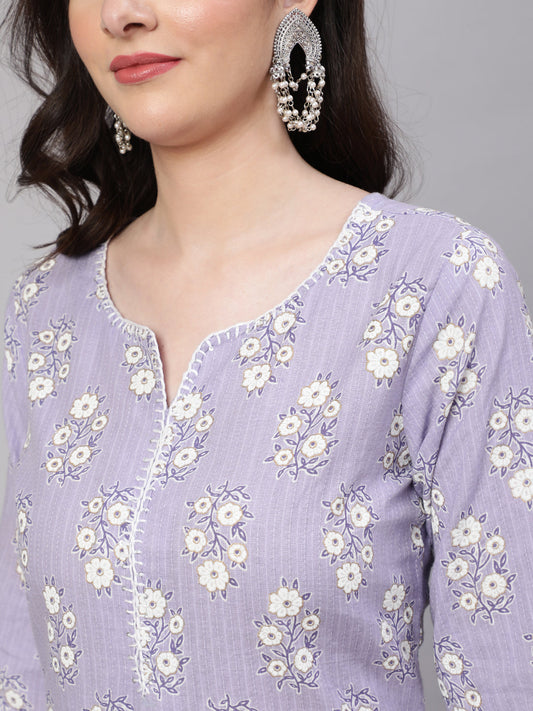Women Purple Ethnic Printed Straight Kurta With Three Quarter Sleeves | LASVINI - Redefining Indian Fashion with Elegance