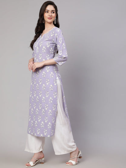 Women Purple Ethnic Printed Straight Kurta With Three Quarter Sleeves | LASVINI - Redefining Indian Fashion with Elegance