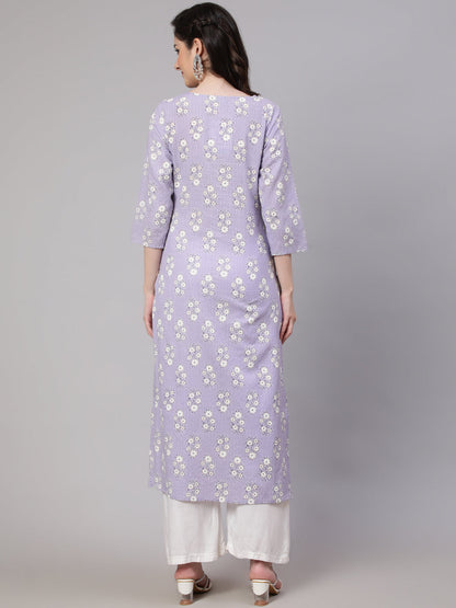 Women Purple Ethnic Printed Straight Kurta With Three Quarter Sleeves | LASVINI - Redefining Indian Fashion with Elegance