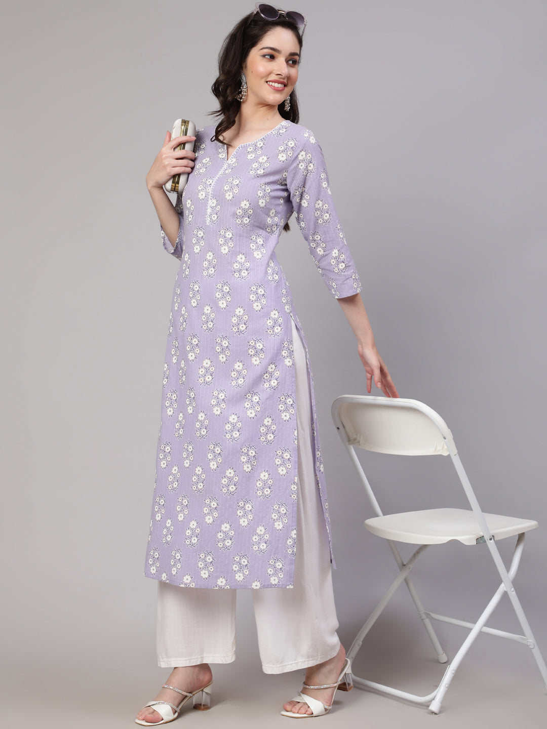 Women Purple Ethnic Printed Straight Kurta With Three Quarter Sleeves | LASVINI - Redefining Indian Fashion with Elegance