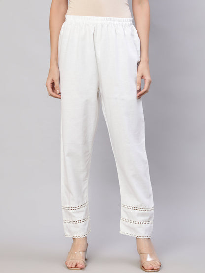 Women White Solid Pant With Lace Details | LASVINI - Redefining Indian Fashion with Elegance