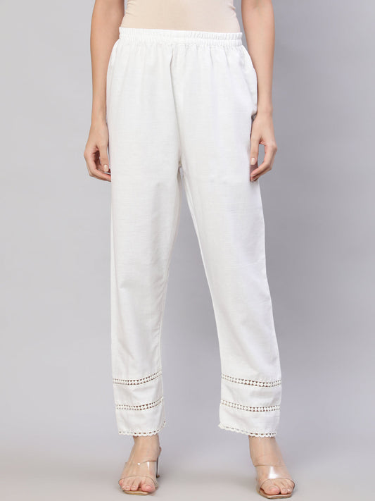Women White Solid Pant With Lace Details | LASVINI - Redefining Indian Fashion with Elegance
