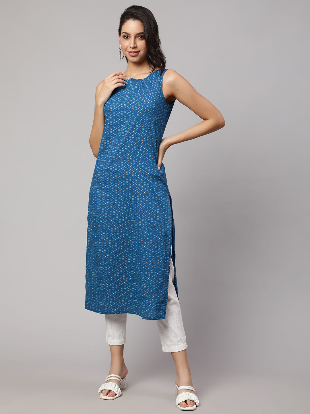 Women Blue Printed Straight Sleeveless Kurta | LASVINI - Redefining Indian Fashion with Elegance