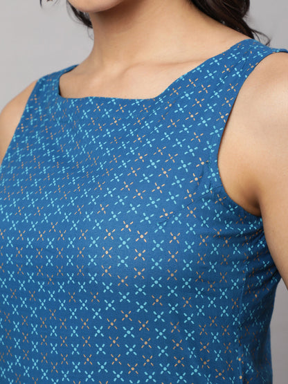 Women Blue Printed Straight Sleeveless Kurta | LASVINI - Redefining Indian Fashion with Elegance