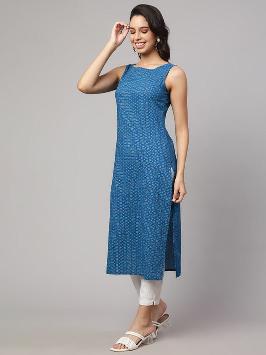 Women Blue Printed Straight Sleeveless Kurta | LASVINI - Redefining Indian Fashion with Elegance