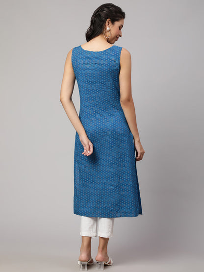 Women Blue Printed Straight Sleeveless Kurta | LASVINI - Redefining Indian Fashion with Elegance