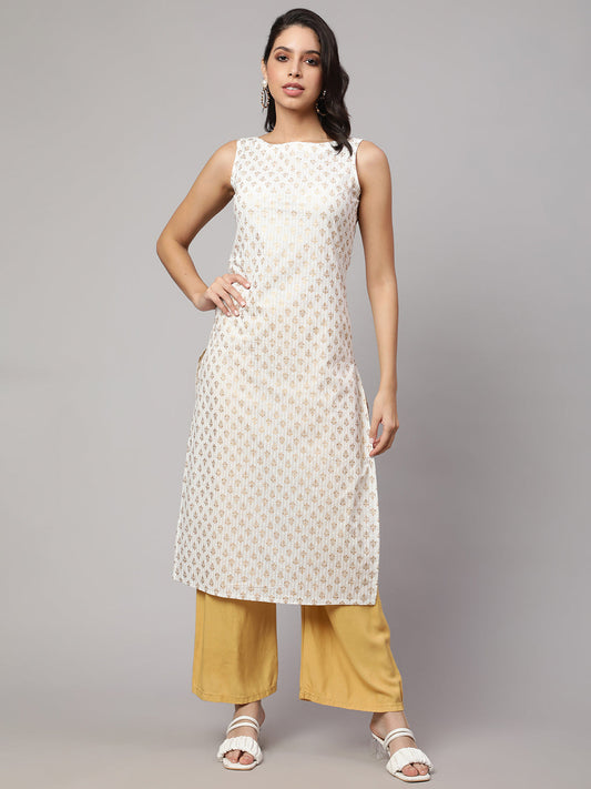 Women White Gold Printed Straight Sleeveless Kurta | LASVINI - Redefining Indian Fashion with Elegance