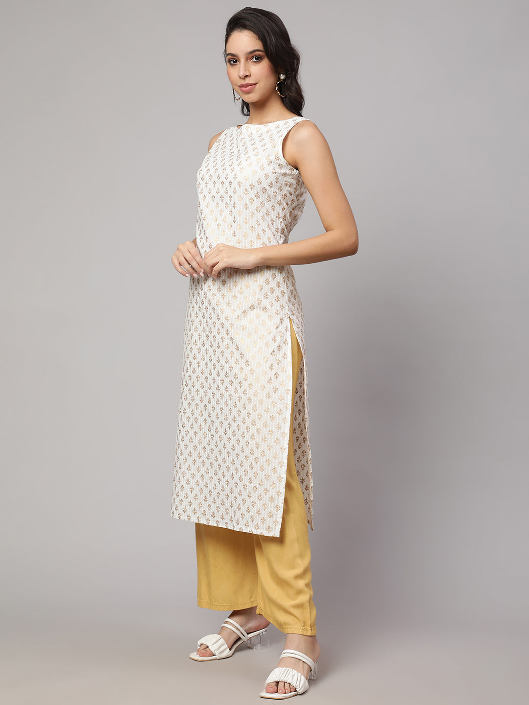 Women White Gold Printed Straight Sleeveless Kurta | LASVINI - Redefining Indian Fashion with Elegance