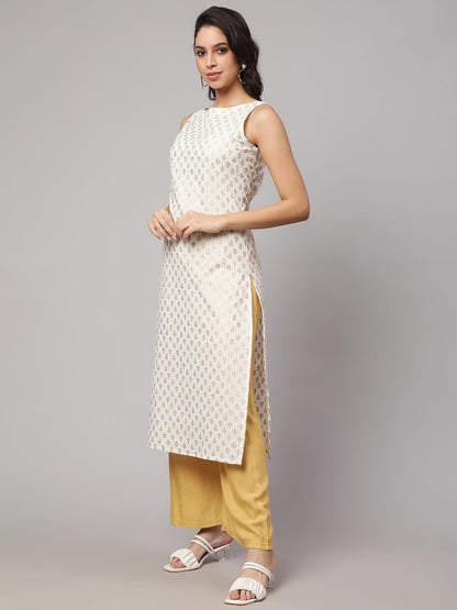 Women White Gold Printed Straight Sleeveless Kurta | LASVINI - Redefining Indian Fashion with Elegance