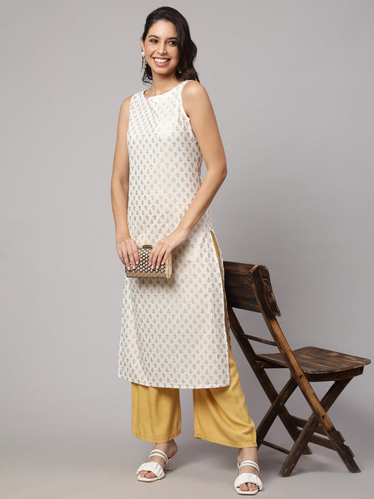 Women White Gold Printed Straight Sleeveless Kurta | LASVINI - Redefining Indian Fashion with Elegance