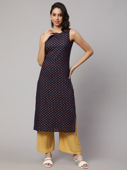 Women Navy Blue Printed Straight Sleeveless Kurta | LASVINI - Redefining Indian Fashion with Elegance