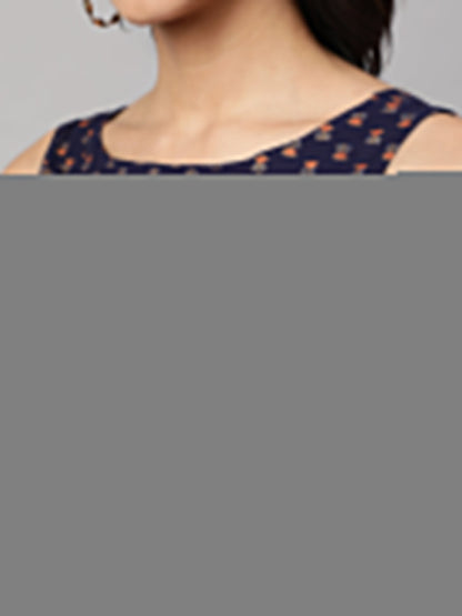 Women Navy Blue Printed Straight Sleeveless Kurta | LASVINI - Redefining Indian Fashion with Elegance