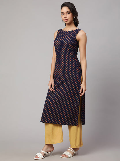 Women Navy Blue Printed Straight Sleeveless Kurta | LASVINI - Redefining Indian Fashion with Elegance