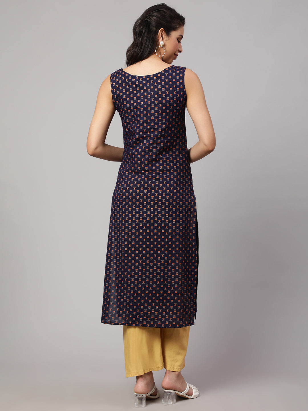 Women Navy Blue Printed Straight Sleeveless Kurta | LASVINI - Redefining Indian Fashion with Elegance