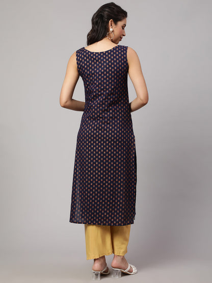 Women Navy Blue Printed Straight Sleeveless Kurta | LASVINI - Redefining Indian Fashion with Elegance