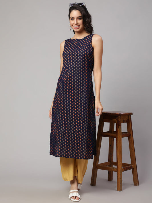 Women Navy Blue Printed Straight Sleeveless Kurta | LASVINI - Redefining Indian Fashion with Elegance