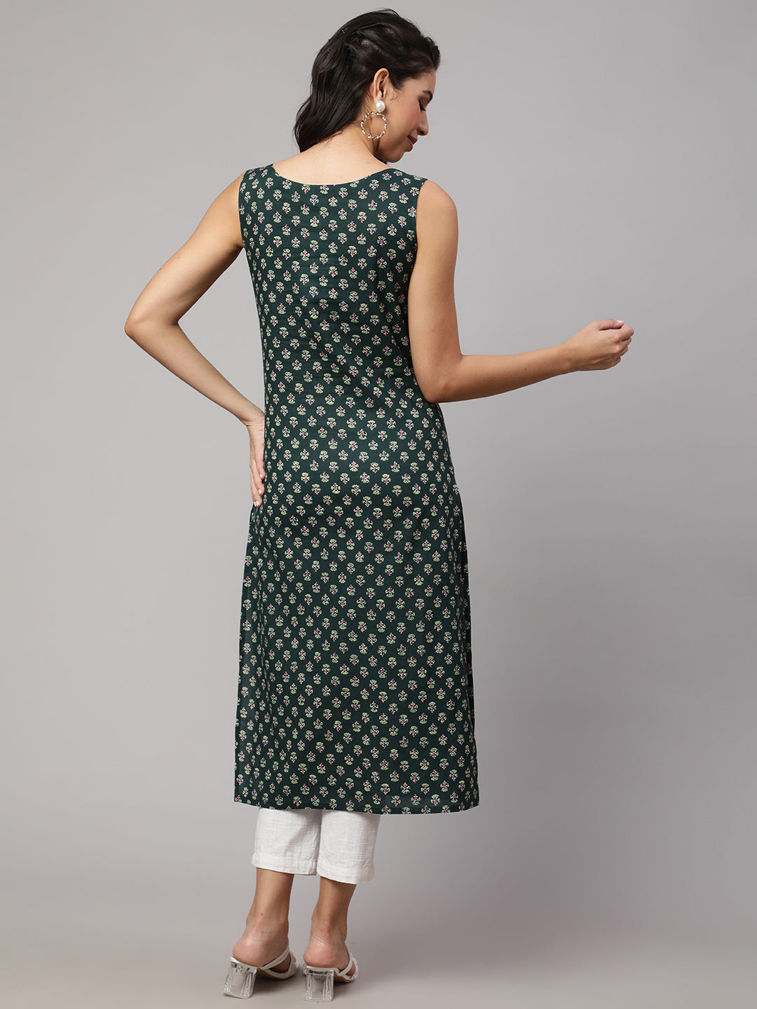 Women Green Ethnic Printed Straight Sleeveless Kurta | LASVINI - Redefining Indian Fashion with Elegance
