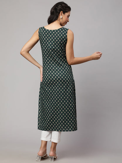 Women Green Ethnic Printed Straight Sleeveless Kurta | LASVINI - Redefining Indian Fashion with Elegance