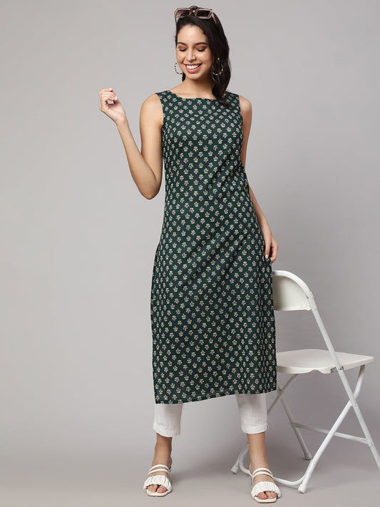 Women Green Ethnic Printed Straight Sleeveless Kurta | LASVINI - Redefining Indian Fashion with Elegance
