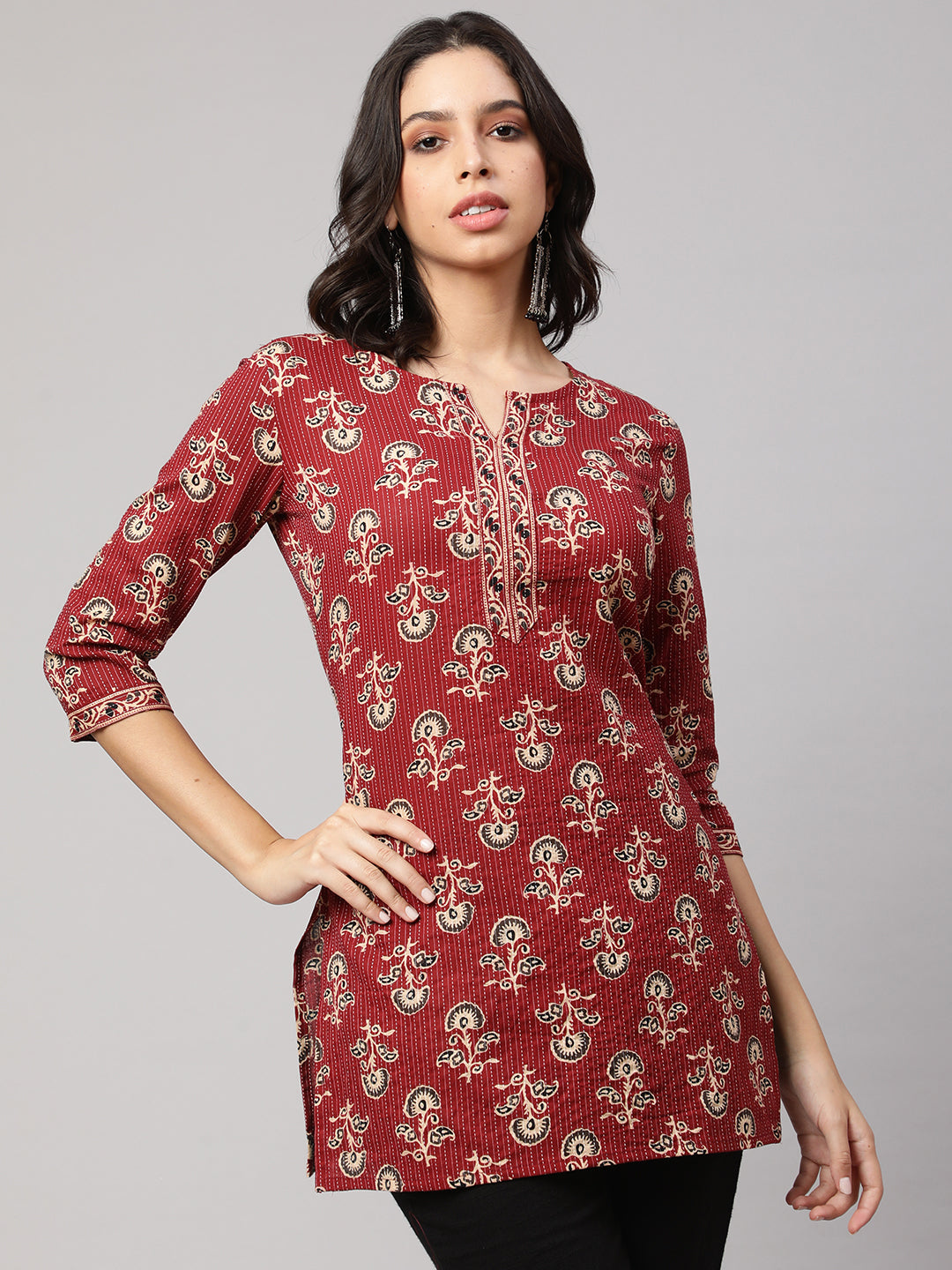 Women Maroon Straight Tunic With Three Quarter Sleeves | LASVINI - Redefining Indian Fashion with Elegance