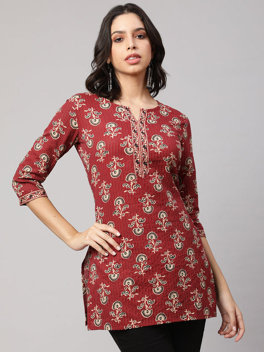 Women Maroon Straight Tunic With Three Quarter Sleeves | LASVINI - Redefining Indian Fashion with Elegance