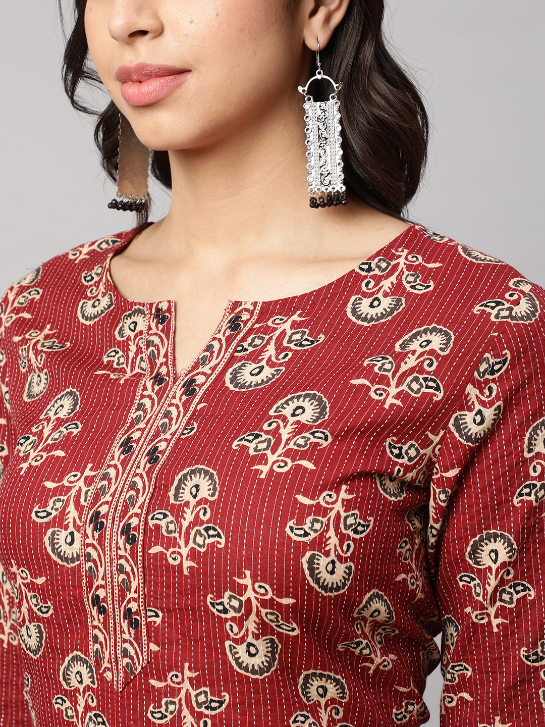 Women Maroon Straight Tunic With Three Quarter Sleeves | LASVINI - Redefining Indian Fashion with Elegance