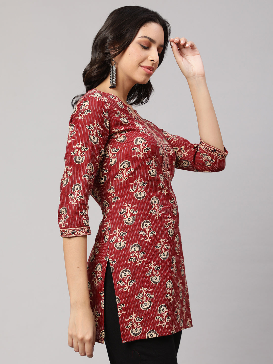 Women Maroon Straight Tunic With Three Quarter Sleeves | LASVINI - Redefining Indian Fashion with Elegance