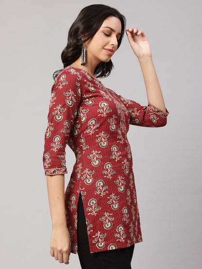 Women Maroon Straight Tunic With Three Quarter Sleeves | LASVINI - Redefining Indian Fashion with Elegance