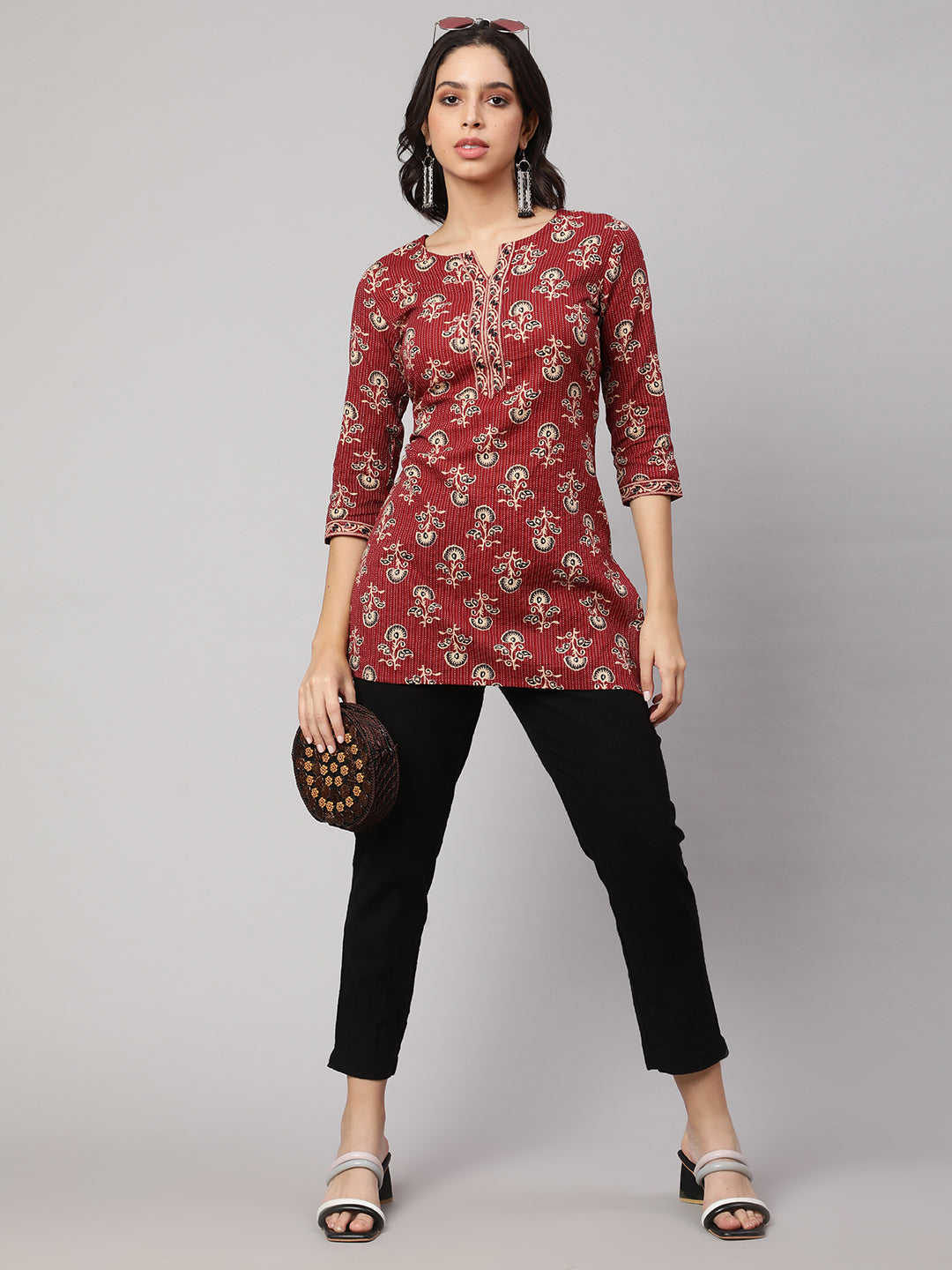 Women Maroon Straight Tunic With Three Quarter Sleeves | LASVINI - Redefining Indian Fashion with Elegance