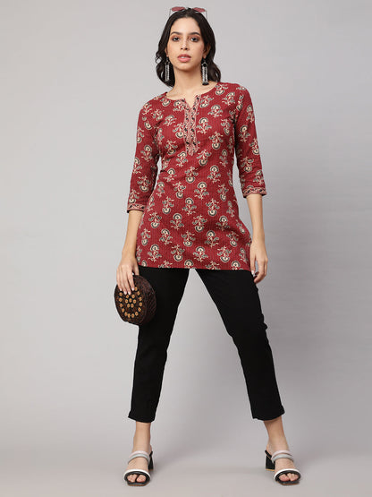 Women Maroon Straight Tunic With Three Quarter Sleeves | LASVINI - Redefining Indian Fashion with Elegance
