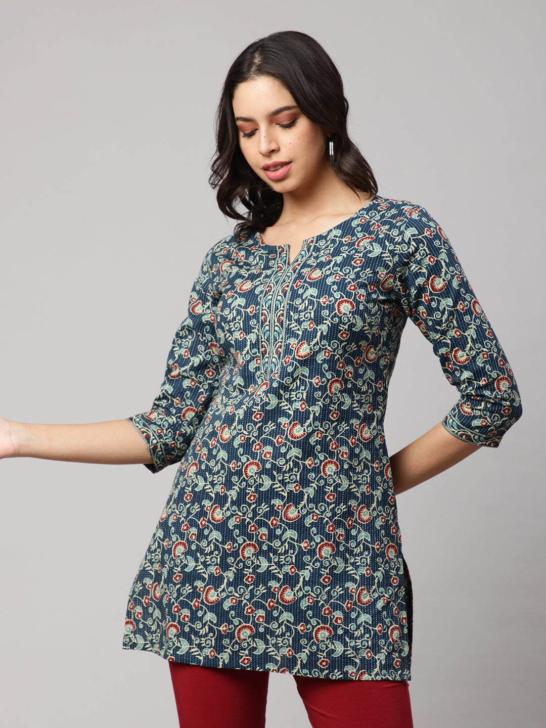 Women Blue Straight Tunic With Three Quarter Sleeves | LASVINI - Redefining Indian Fashion with Elegance