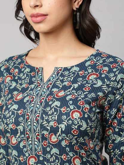 Women Blue Straight Tunic With Three Quarter Sleeves | LASVINI - Redefining Indian Fashion with Elegance