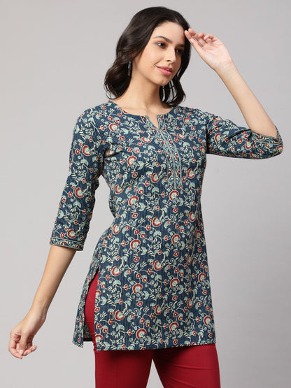 Women Blue Straight Tunic With Three Quarter Sleeves | LASVINI - Redefining Indian Fashion with Elegance