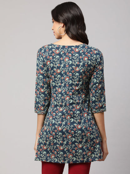 Women Blue Straight Tunic With Three Quarter Sleeves | LASVINI - Redefining Indian Fashion with Elegance