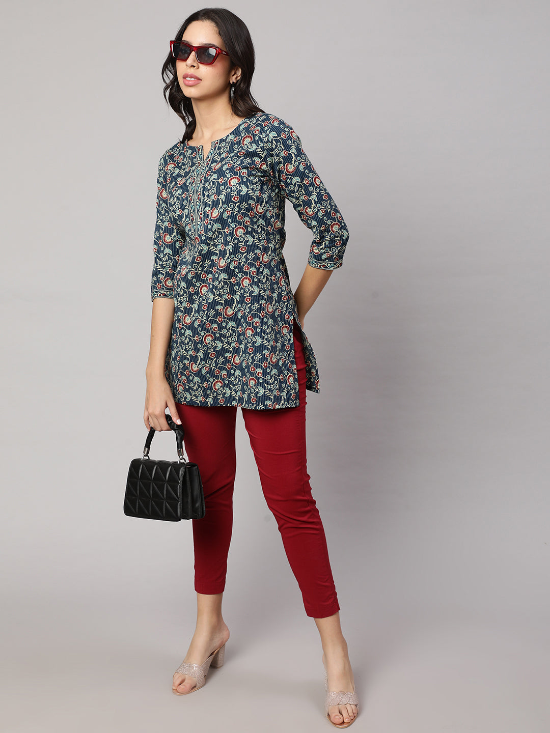 Women Blue Straight Tunic With Three Quarter Sleeves | LASVINI - Redefining Indian Fashion with Elegance