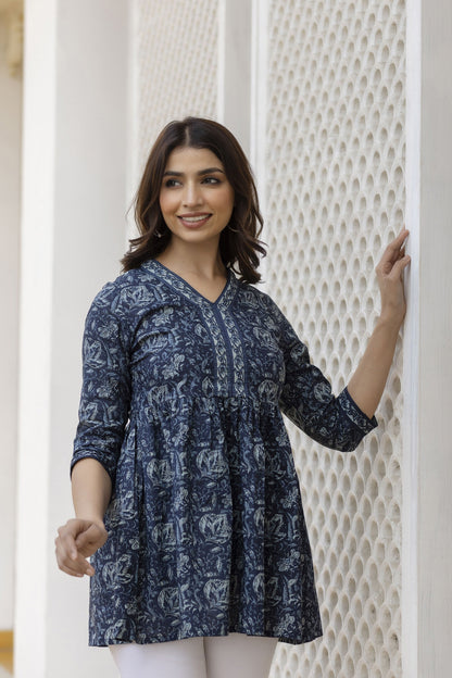 Women Navy Blue Floral Printed Peplum Tunic | LASVINI - Redefining Indian Fashion with Elegance