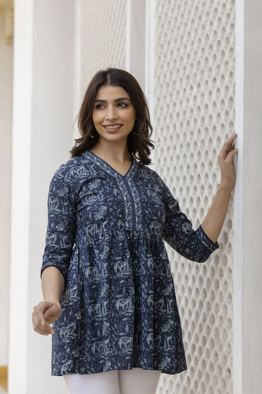 Women Navy Blue Floral Printed Peplum Tunic | LASVINI - Redefining Indian Fashion with Elegance