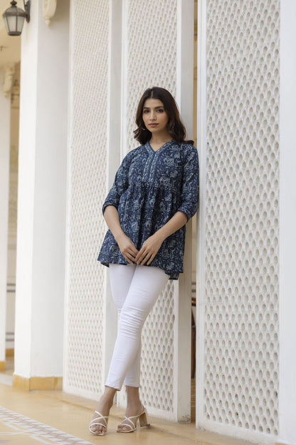 Women Navy Blue Floral Printed Peplum Tunic | LASVINI - Redefining Indian Fashion with Elegance