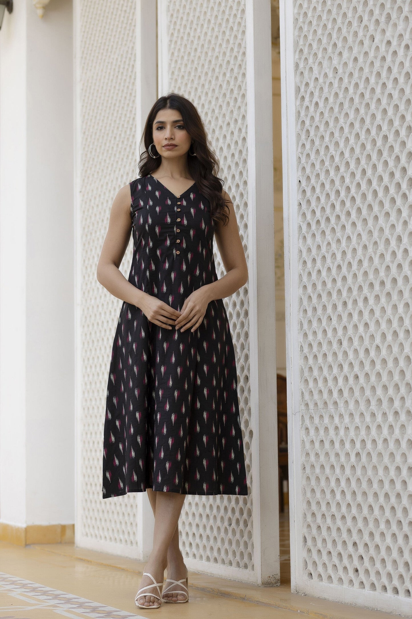 Women Black Ikat Printed Sleeveless A-Line Dress | LASVINI - Redefining Indian Fashion with Elegance