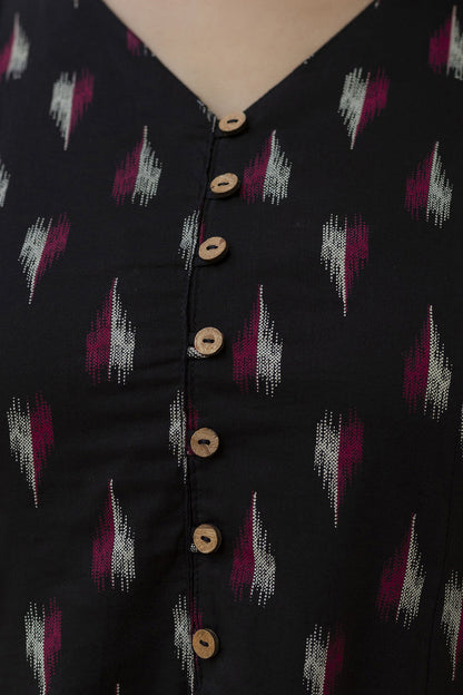 Women Black Ikat Printed Sleeveless A-Line Dress | LASVINI - Redefining Indian Fashion with Elegance