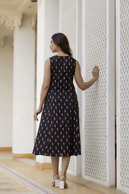 Women Black Ikat Printed Sleeveless A-Line Dress | LASVINI - Redefining Indian Fashion with Elegance