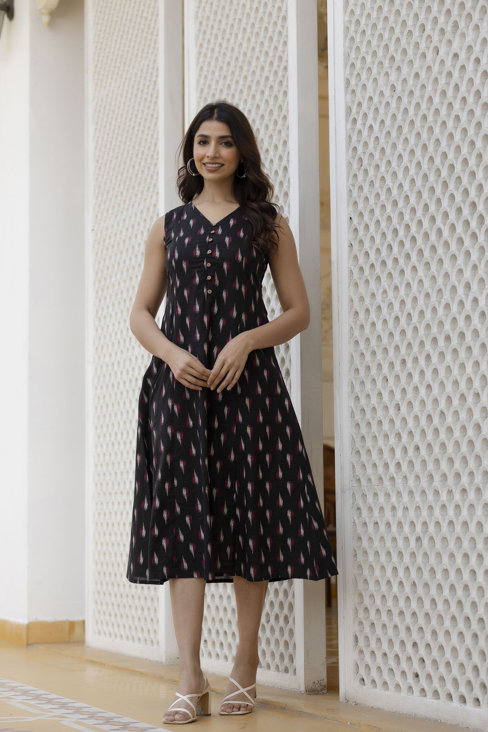Women Black Ikat Printed Sleeveless A-Line Dress | LASVINI - Redefining Indian Fashion with Elegance