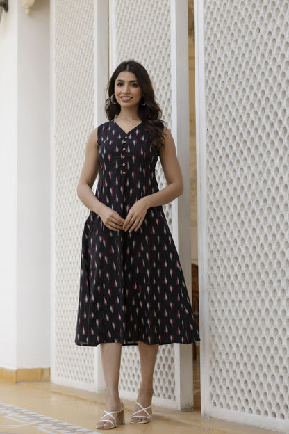 Women Black Ikat Printed Sleeveless A-Line Dress | LASVINI - Redefining Indian Fashion with Elegance