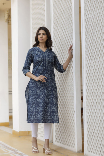 Women Navy Blue Floral Printed Straight Kurta With Three Quarter Sleeves | LASVINI - Redefining Indian Fashion with Elegance