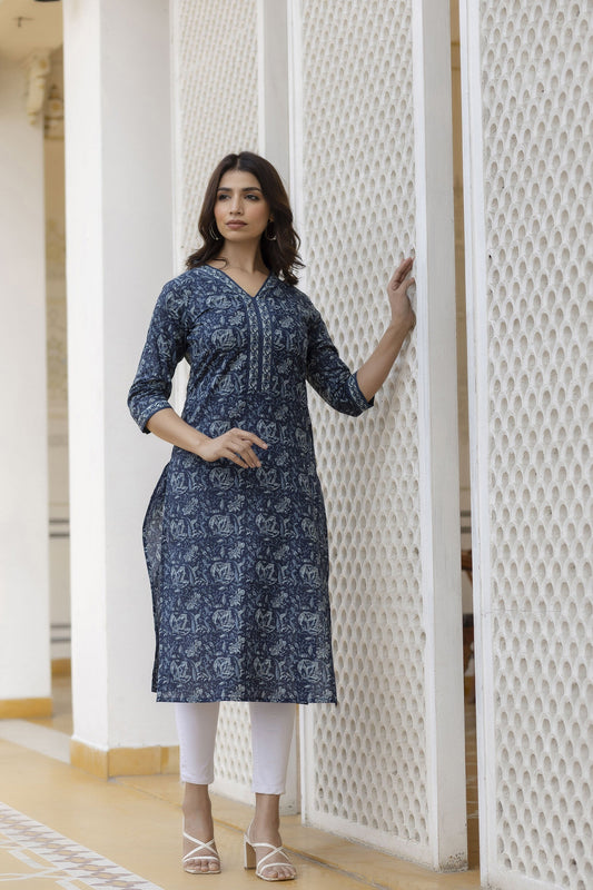 Women Navy Blue Floral Printed Straight Kurta With Three Quarter Sleeves | LASVINI - Redefining Indian Fashion with Elegance