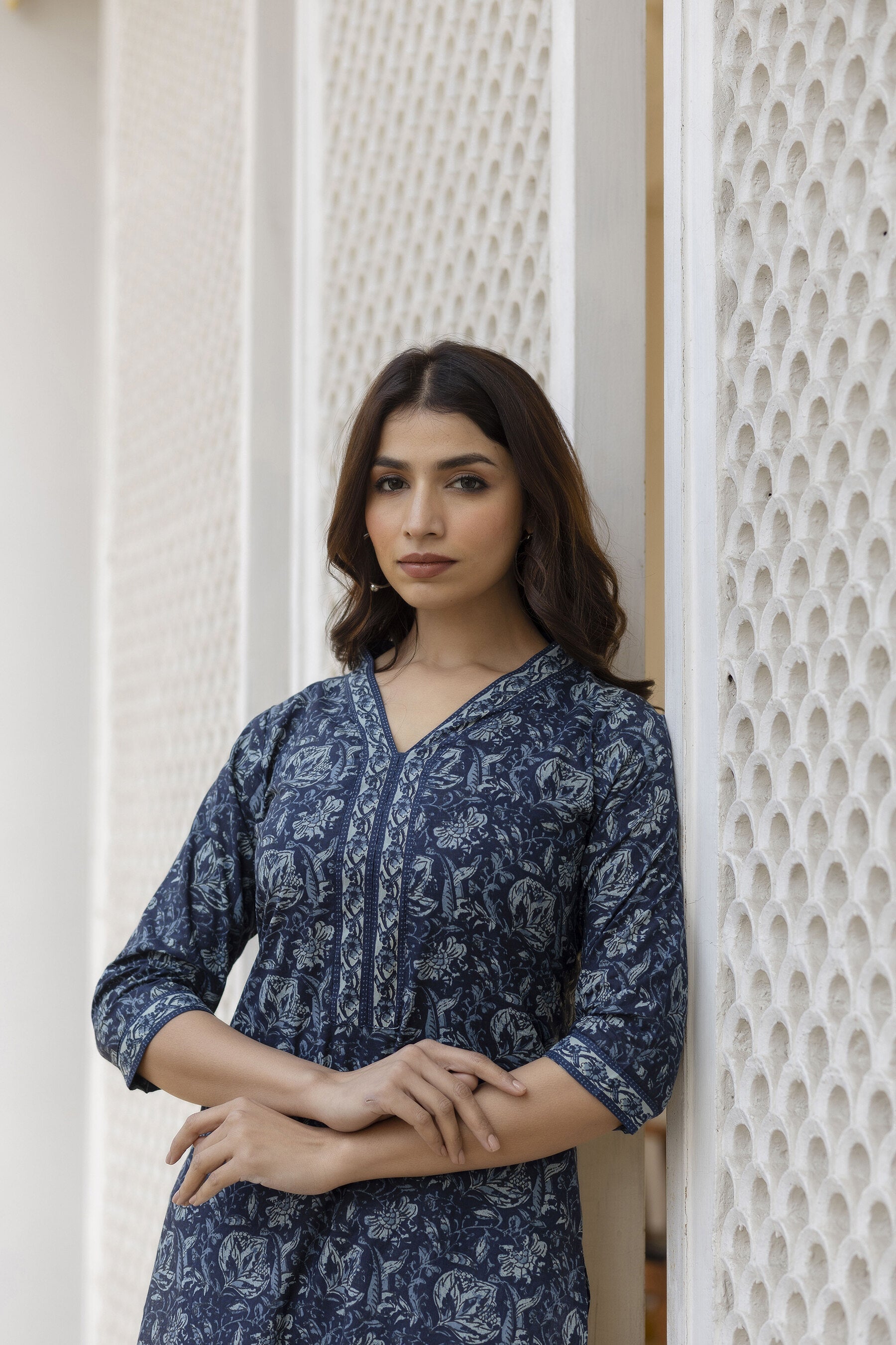 Women Navy Blue Floral Printed Straight Kurta With Three Quarter Sleeves | LASVINI - Redefining Indian Fashion with Elegance